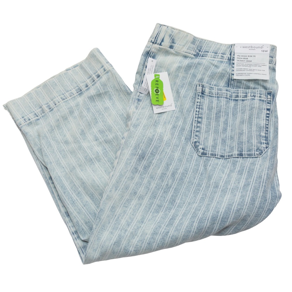 Westbound Striped Skinny Crop Jeans Womens 18W Light Blue NEW High Rise Pull On